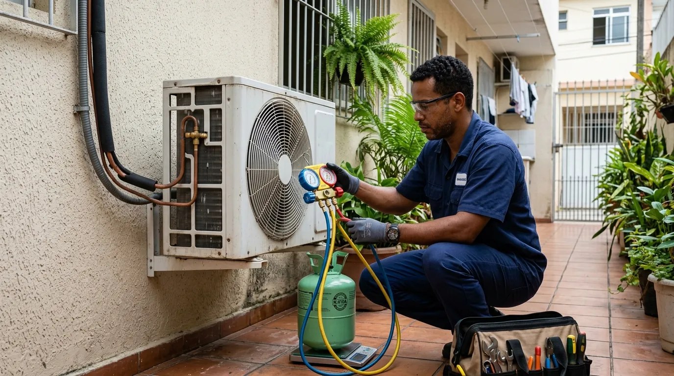 Técnico fazendo carga de gás na condensadora do ar-condicionado em Mogi das Cruzes‑SP