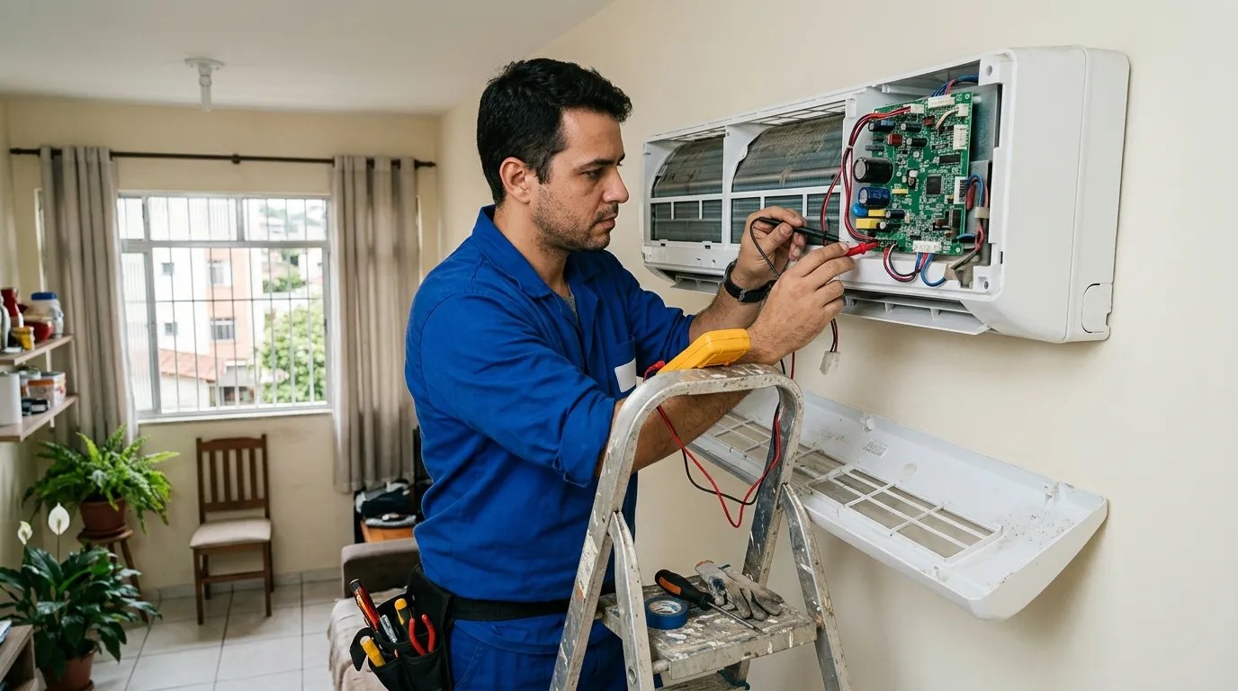Técnico trocando a placa eletrônica de ar-condicionado split em Mogi das Cruzes‑SP