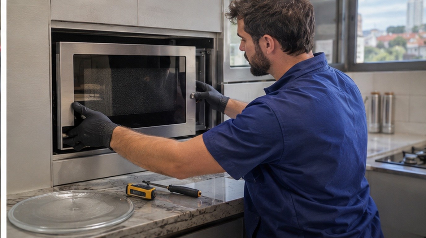 Conserto de micro-ondas de embutir em Mogi das Cruzes‑SP: técnico encaixando o aparelho no armário