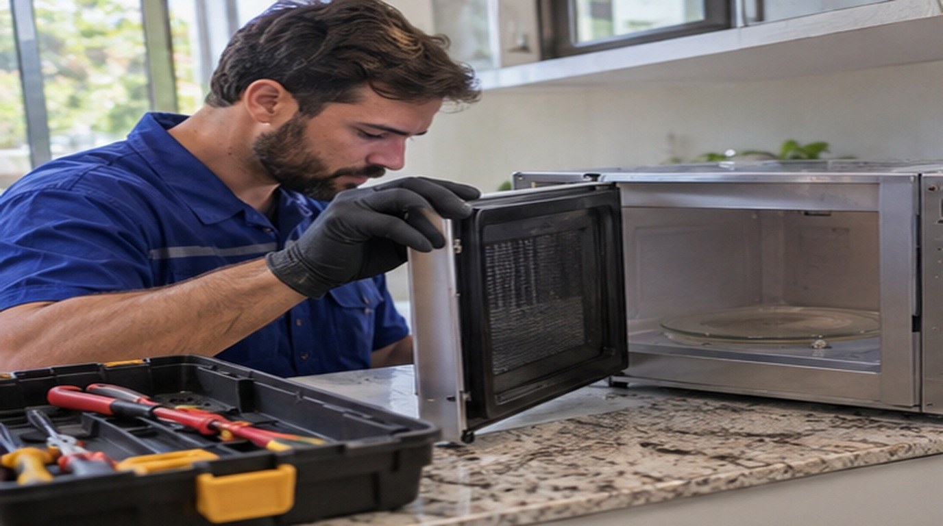 Conserto de micro-ondas em Mogi das Cruzes‑SP: técnico abrindo um micro-ondas de bancada