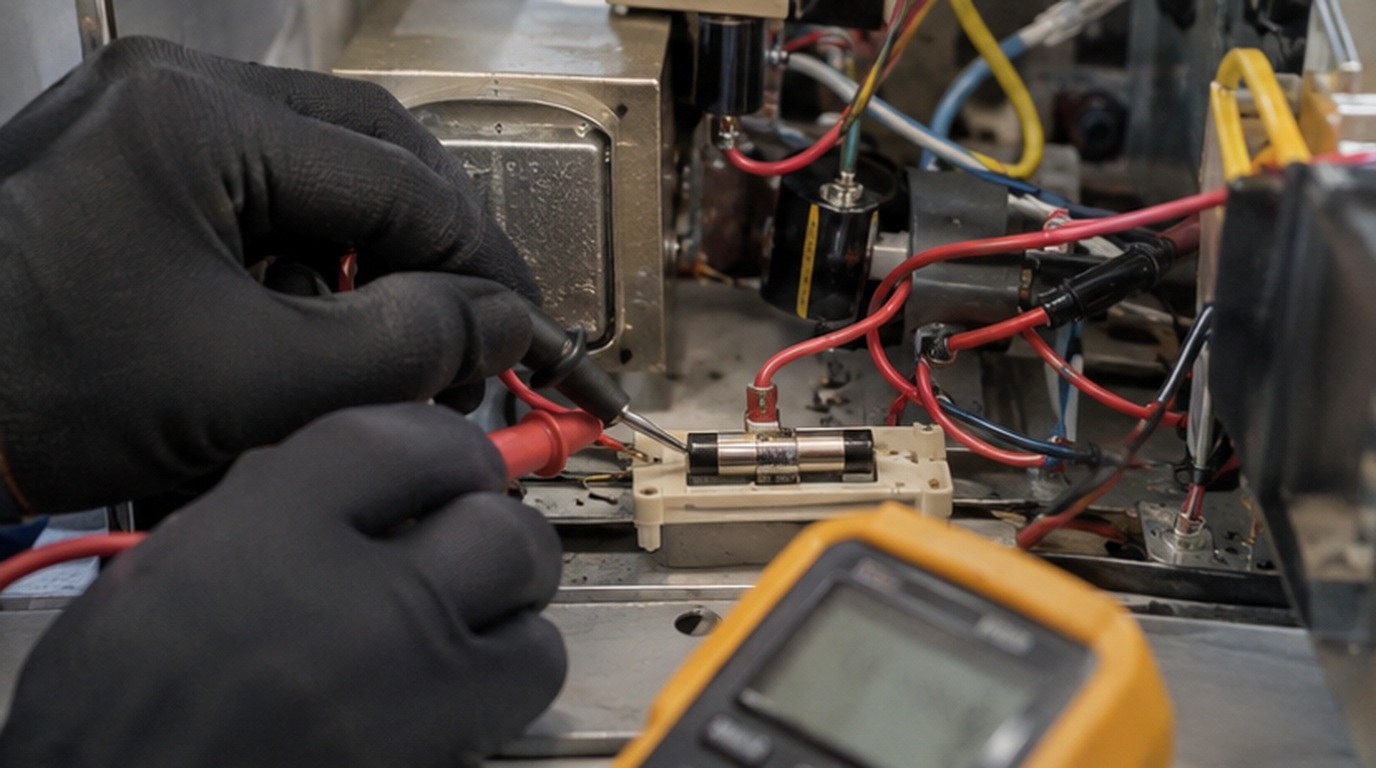 Conserto de micro-ondas em Mogi das Cruzes‑SP: teste do fusível e do diodo de alta tensão