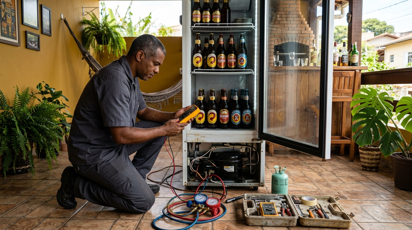 Placa eletrônica de cervejeira em reparo na bancada em Mogi das Cruzes‑SP