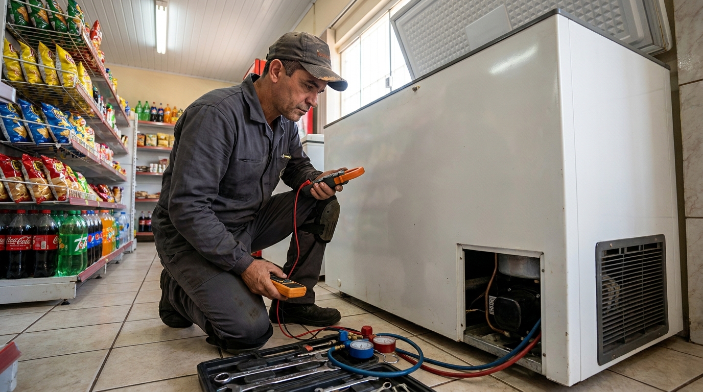 Reparo da placa eletrônica de um freezer em atendimento na Vila Cintra, Mogi das Cruzes‑SP