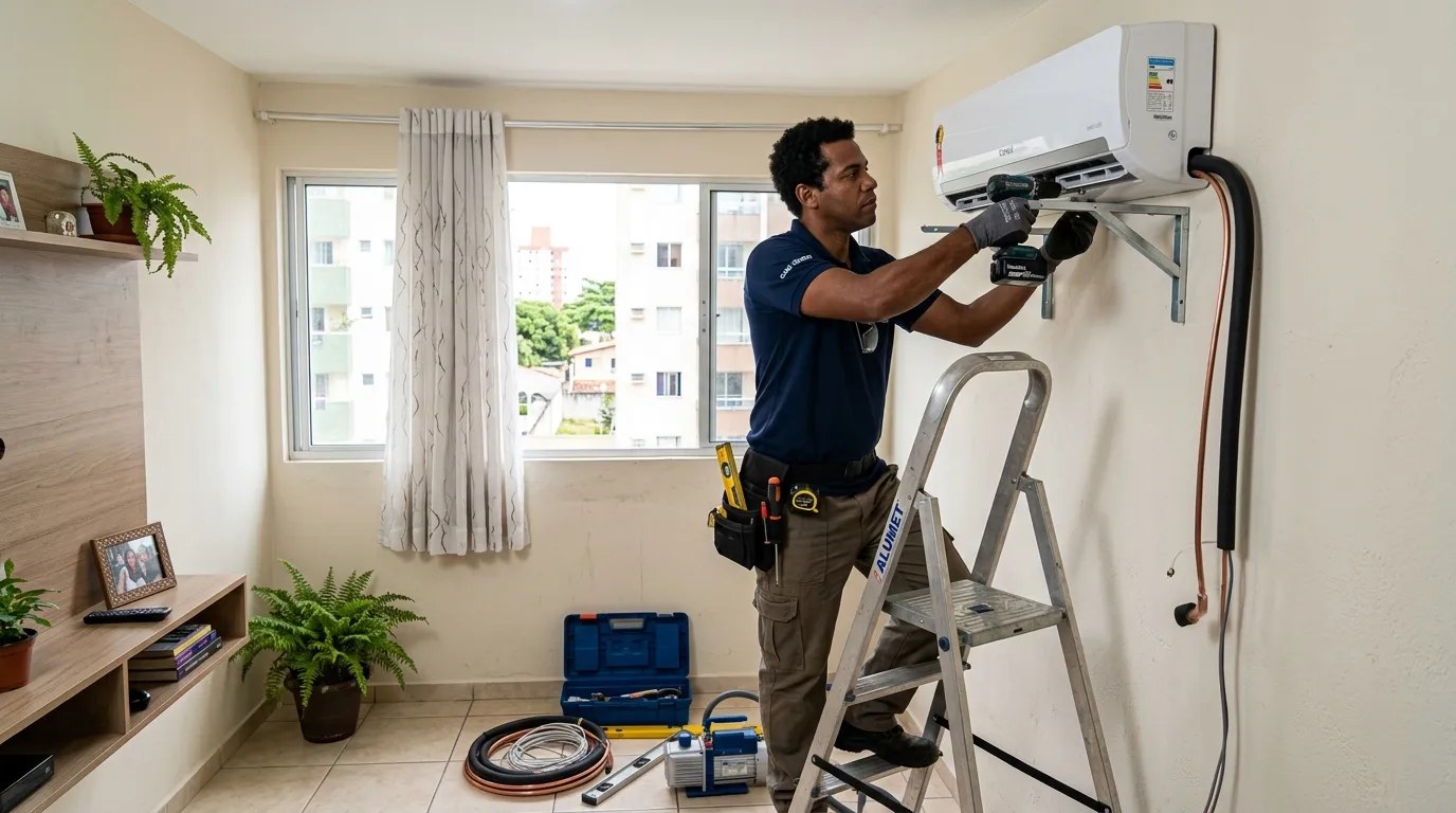Técnico instalando ar-condicionado split em residência em Mogi das Cruzes‑SP