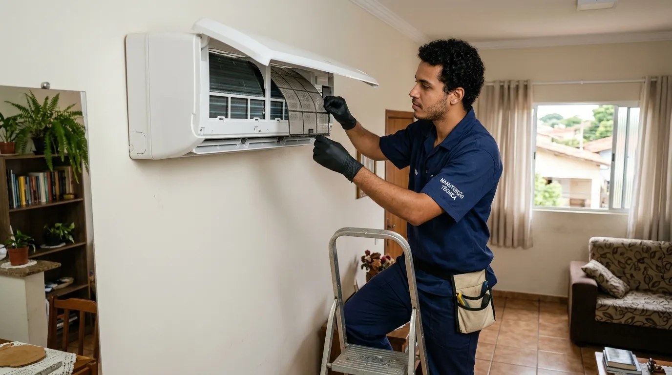 Técnico fazendo limpeza e higienização de ar-condicionado split em Mogi das Cruzes‑SP