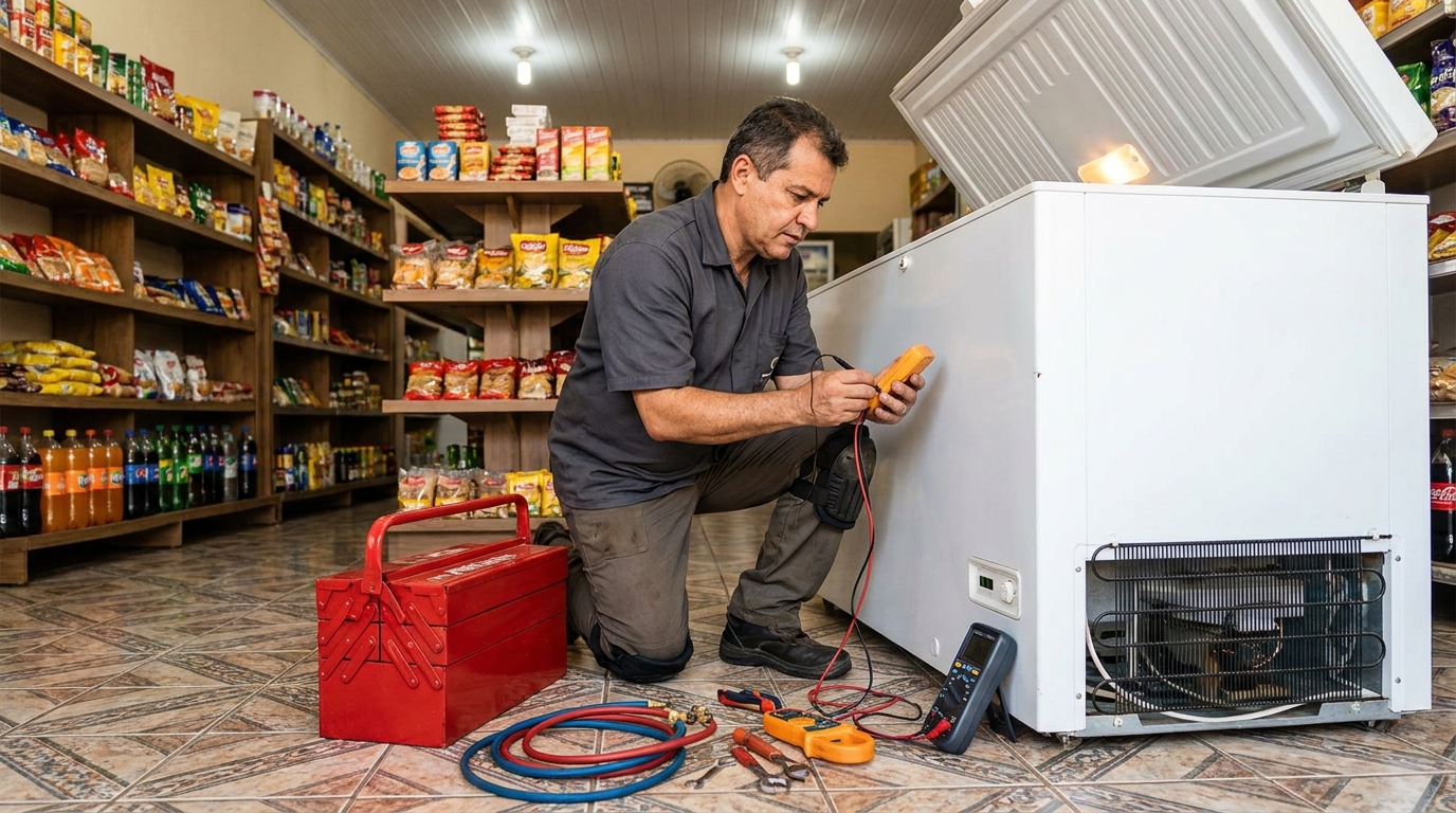 Manômetro conectado ao circuito durante recarga de gás de freezer na Vila Cintra, Mogi das Cruzes‑SP