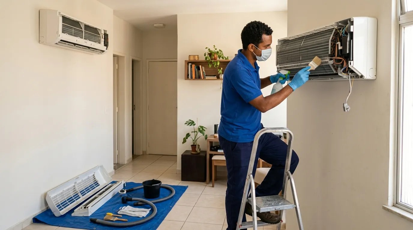Técnico fazendo manutenção de ar-condicionado split em Mogi das Cruzes‑SP