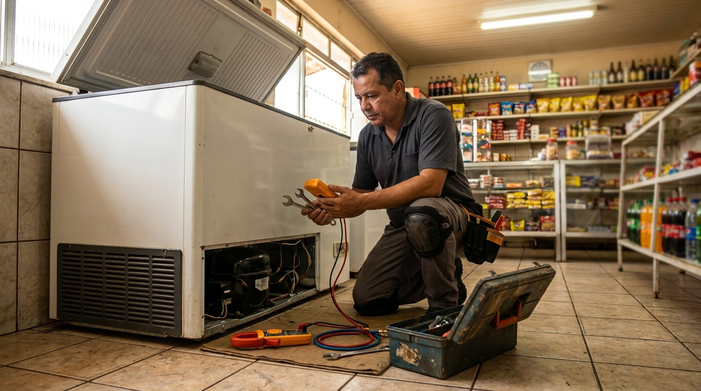 Técnico avaliando um freezer vertical durante atendimento na Vila Cintra, Mogi das Cruzes‑SP