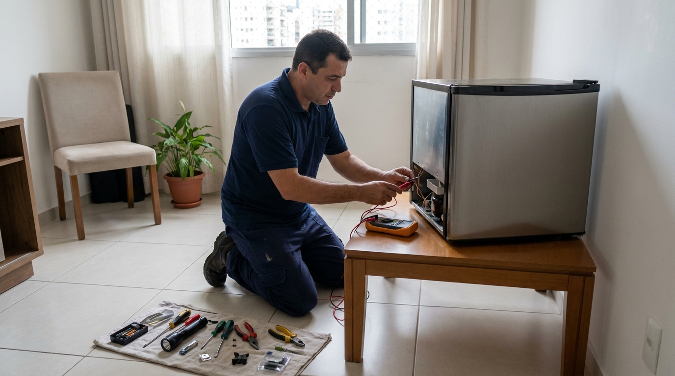 Técnico avaliando um frigobar compacto durante atendimento em Aruã, Mogi das Cruzes‑SP